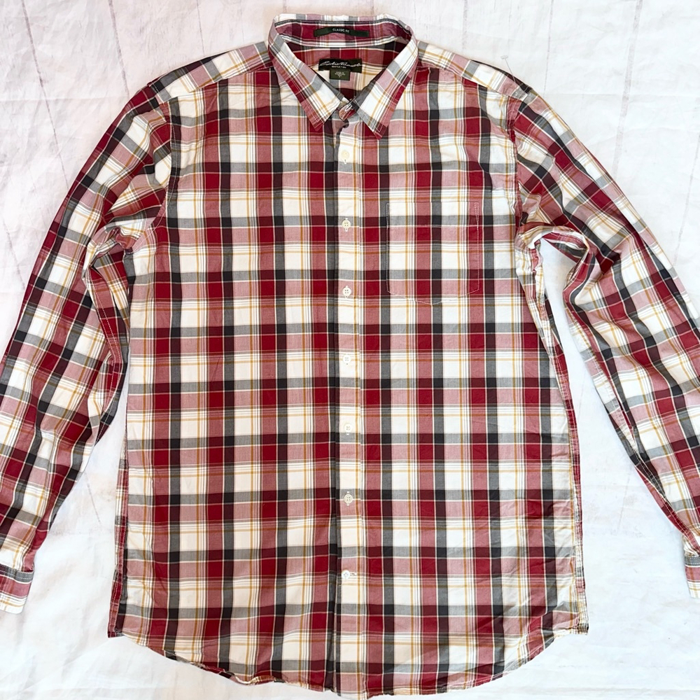 NWOT Men’s Large Eddie Bauer Class Fit Button Down LS Cotton Red Plaid Shirt